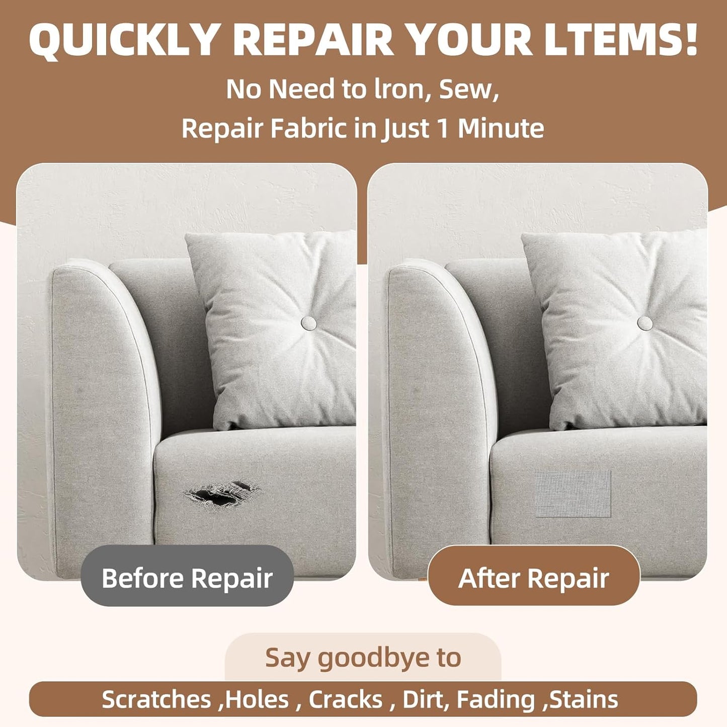 Fabric Repair Patch, Fabric Large Repair Tape, Self-Adhesive Patches for Furniture, Sofa, Car Interior, Shoes, Hand Bag, Clothing (Brown, 3.5X79 Inch)