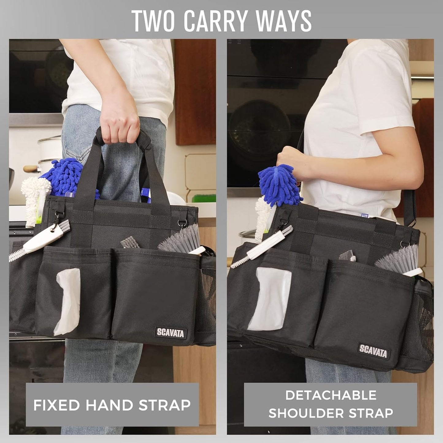 Compact Wearable Cleaning Caddy, Small Supplies Organizer with Handle & Shoulder Straps for Housekeepers, Under Sink & Car Cleaning Tool Organizer Bag (Black)