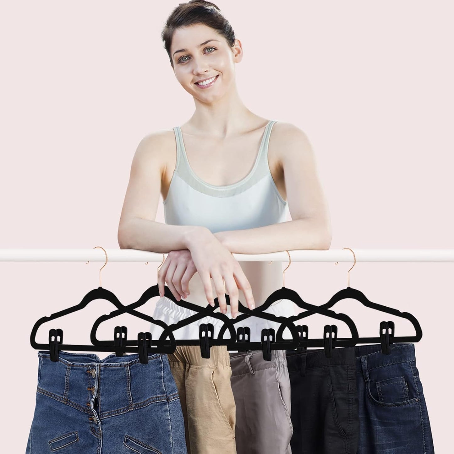 Black Velvet Hangers Clips 50 PCS, Non-Slip Velvet Clips for Suit Pant Skirt Hanger, Strong Finger Clips Perfect for Thin Flocking Hangers