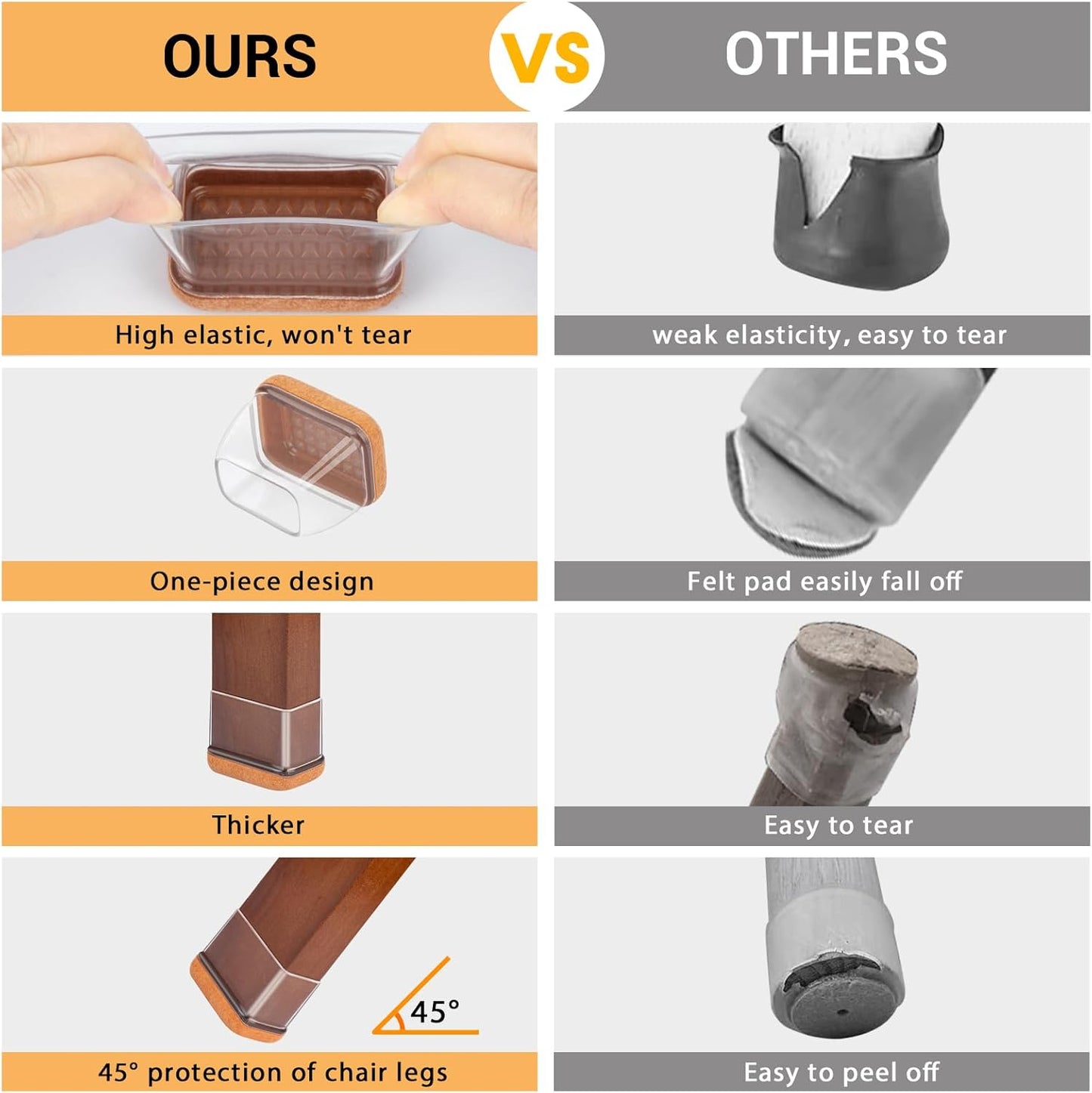 16 Pcs Rectangle Chair Leg Floor Protectors, Silicone Chair Leg Protectors for Hardwood Floors, High Elastic Chair Leg Cover for Chair Table Desk, Protect Wooden Floors from Scratching, Won't Tear