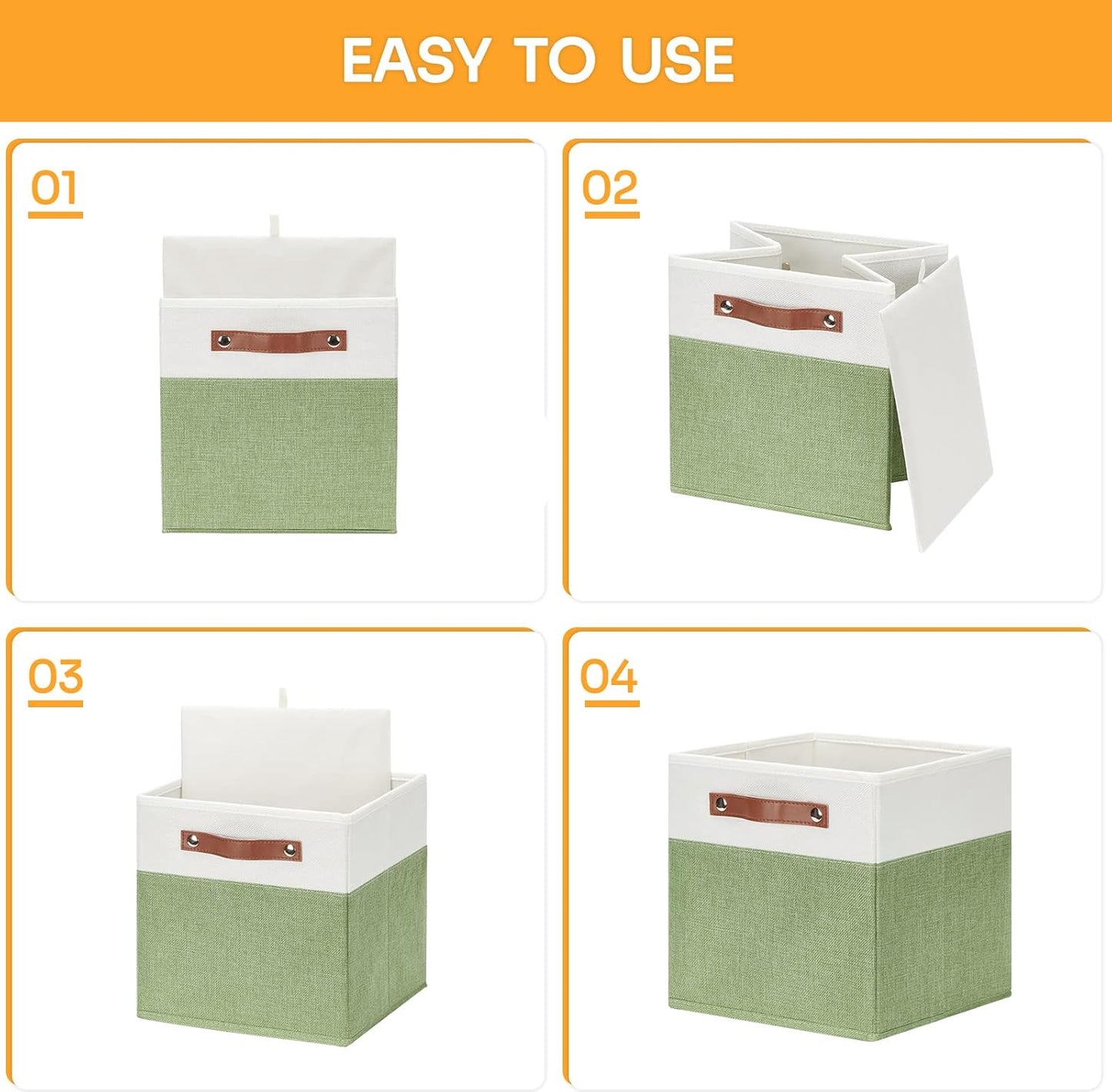 DULLEMELO 11x11 Cube Fabric Organizer Storage Bins for Shelf, Toy Square Green Bins, Kids Clothes Closet Baskets Storage, for Bedroom, Living Room, Dorm(White&Green-4 Pack)