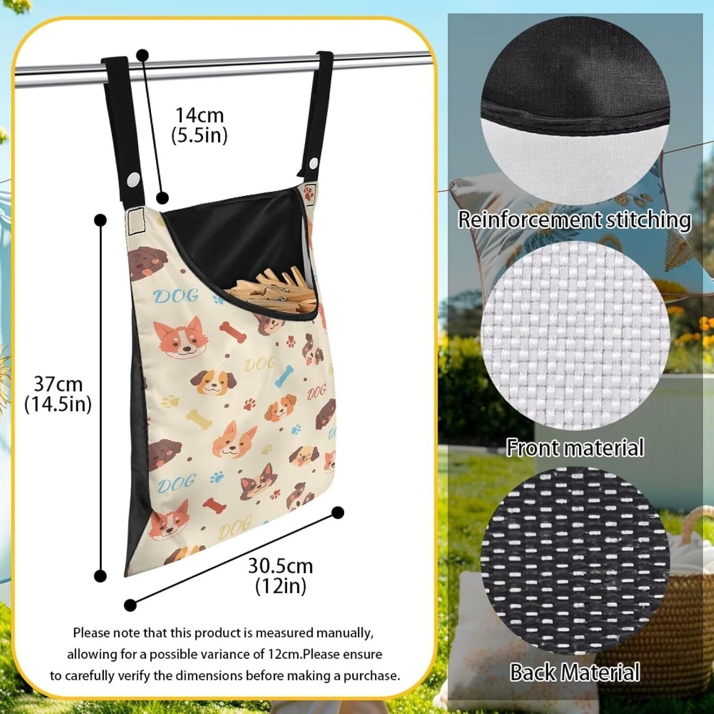 Clothes Pin Hanging Bag with Hanging Rope 14.5 X 12 Inch Clothespin Bag for Clothes Pins and Clothespins Heavy Duty Outdoor Use - Dog