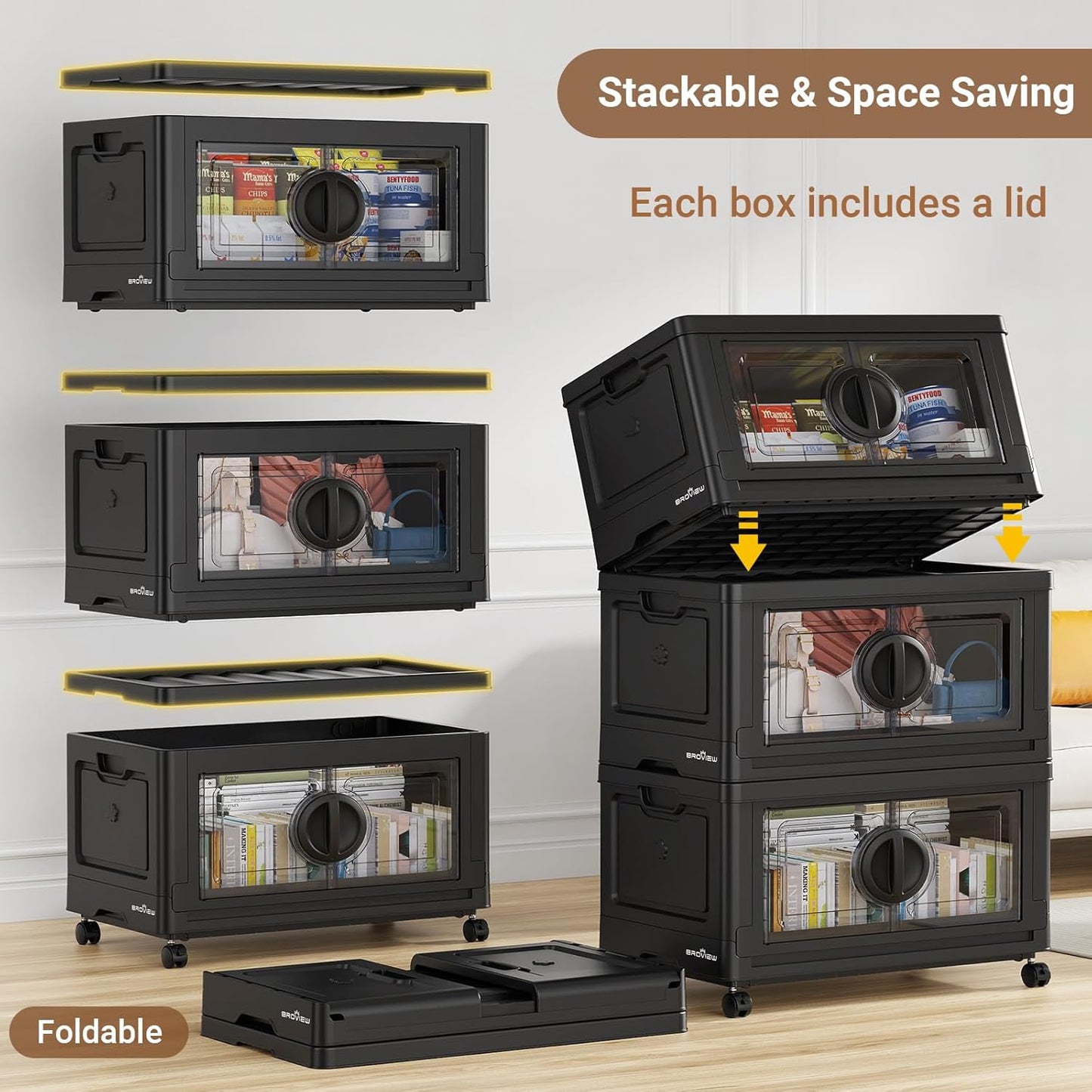 BROVIEW 480Qt Lockable Stackable Storage Bins with Lids, Closet Organizers and Storage Drawer, Collapsible Storage Bin with Wheels, Plastic Cabinet for Toy Clothes Dorm Organizer, V9 4 Pack Black