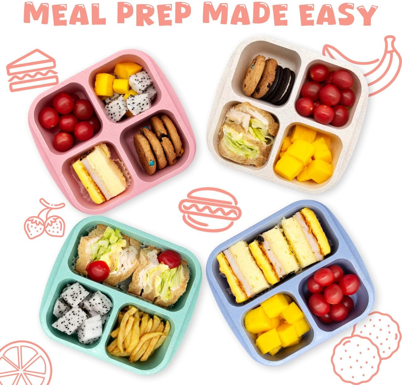 4 pack Bento Lunch Box, Snack Containers,Meal Prep Containers Kids/Toddle/Adults,Food Storage Containers for School, Work and Travel (4 and 3 Compartment Multicolor)