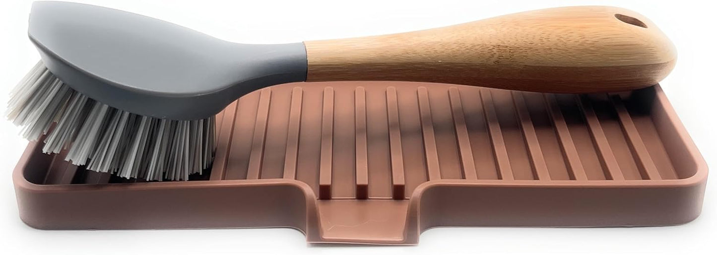 Happitasa Silicone Soap Dish Tray and Sponge Holder with Drain Chute | Bathroom and Kitchen Sink Organizer Caddy (Mocha, 9"x3.5", 5.6 Ounces)