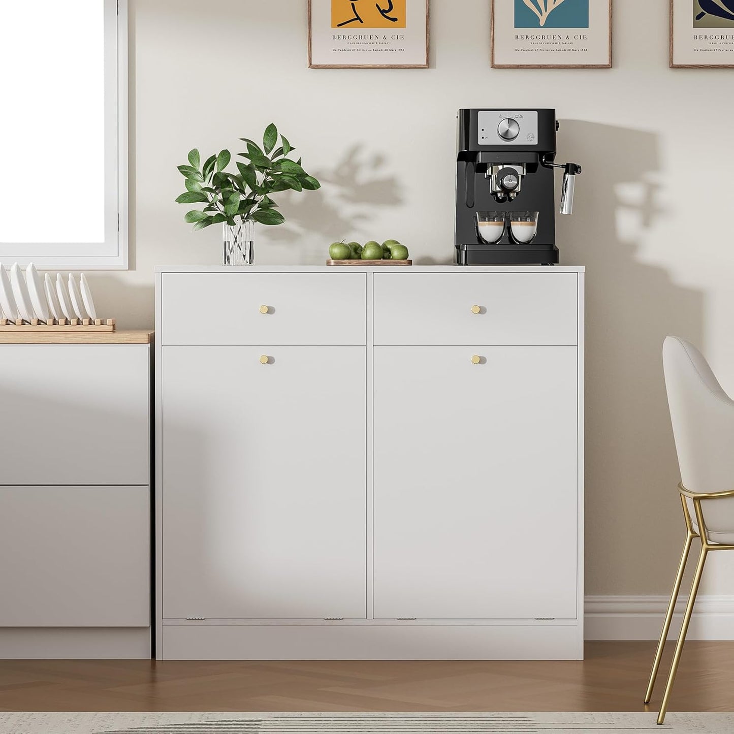 Double Tilt Out Trash Can Cabinet with 2 Drawers, Trash Storage Cabinet, Hidden Garbage Bin, Free Standing Laundry Sorter Organizer for Kitchen Dining Living Room, Bathroom, White