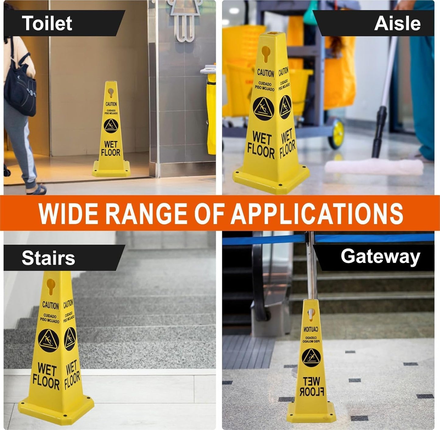 8-Pack 26.5" Caution Cones, 4-Sided Visible Safety Signs with Heavy Rubber Base, Warning for Slip & Fall Prevention, Indoor/Outdoor Use (Yellow, 8Pcs-Caution Wet Floor)