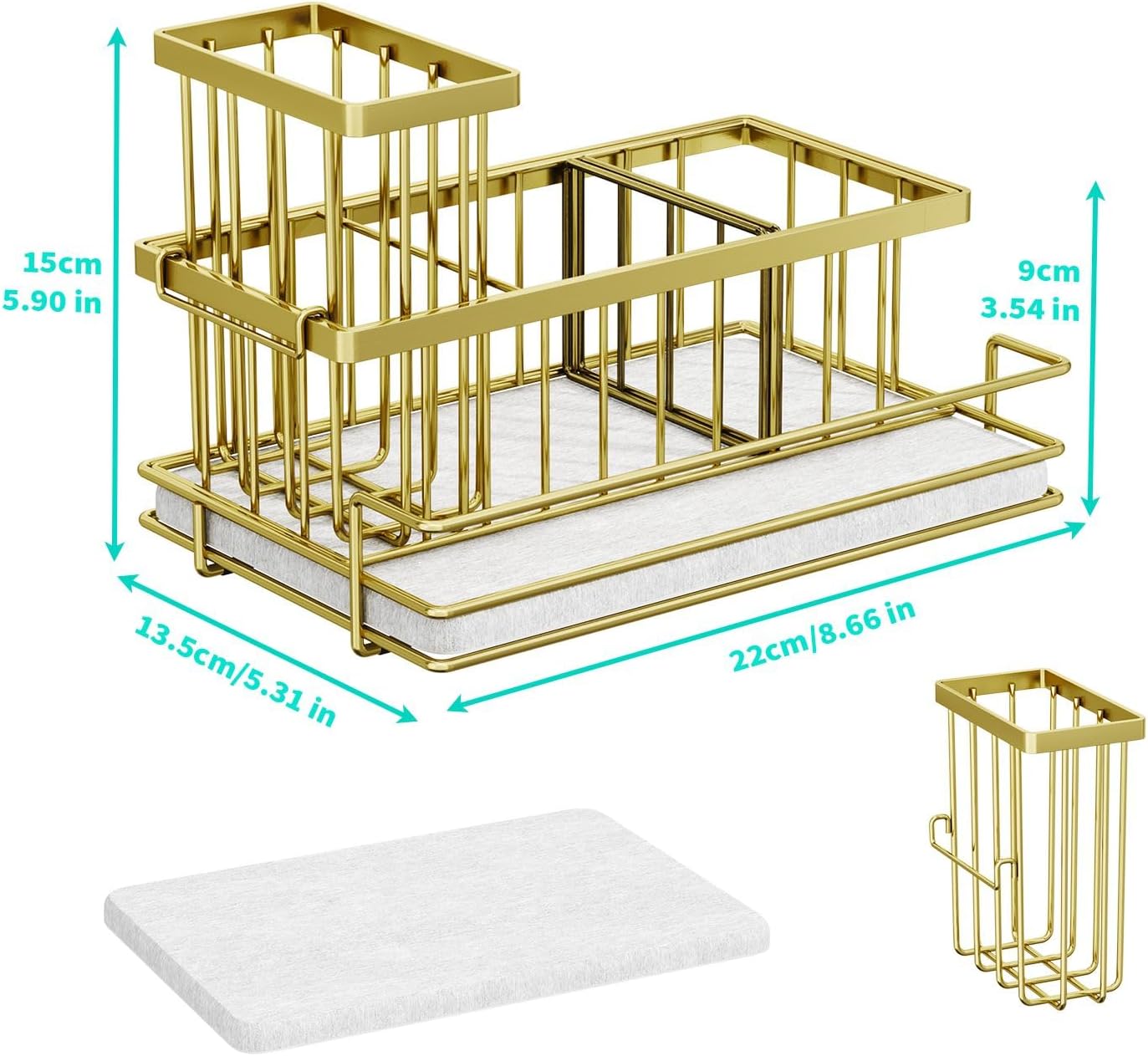 HapiRm Sink Caddy Sponge Holder - Kitchen Sink Organizer with Instant Drying Stone and Brush Holder, Stainless Steel Sponge Caddy for Kitchen Countertop - Gold