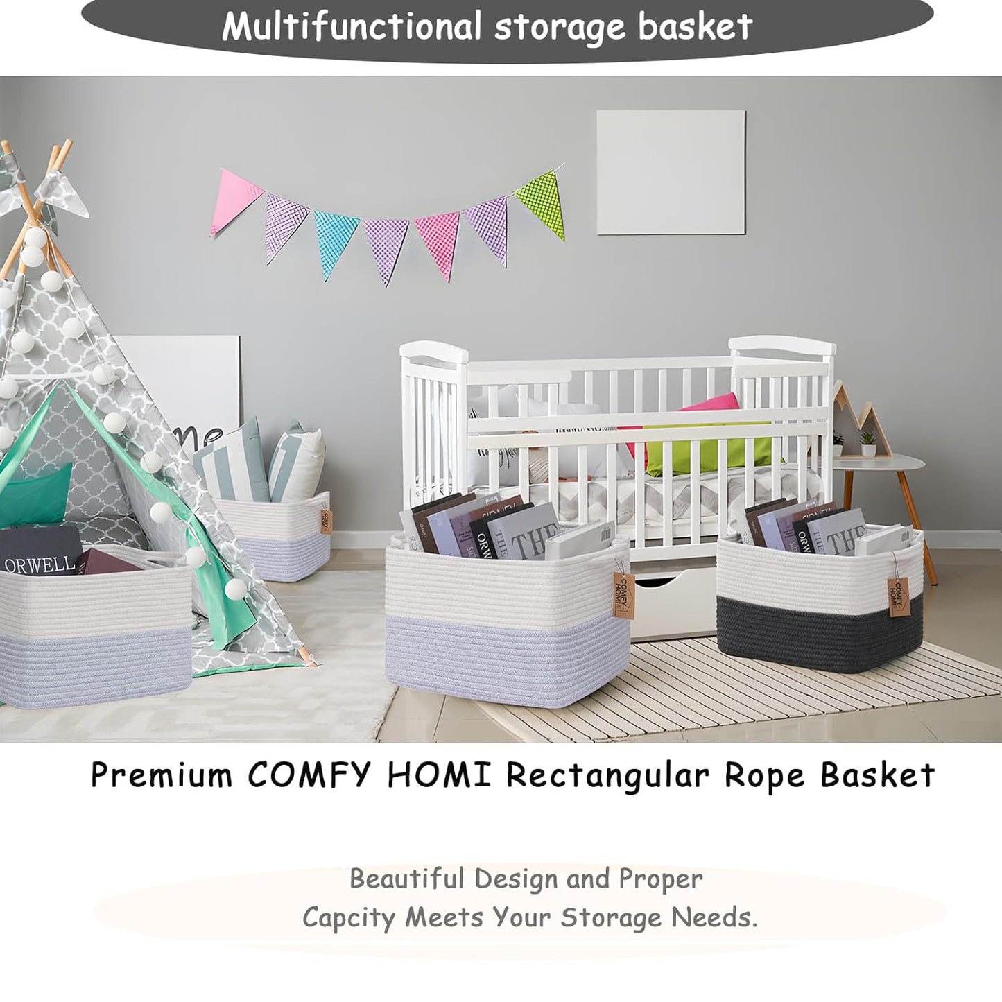 COMFY-HOMI 3PACK Cotton Rope Square Baske with Handles for Shelves|Dog Toy Baske Bin and Storage|Baby Baske for Gift|Shoe Baske for Organizing|13.5" x 11" x 9.5" for Living Room(White/Blue)