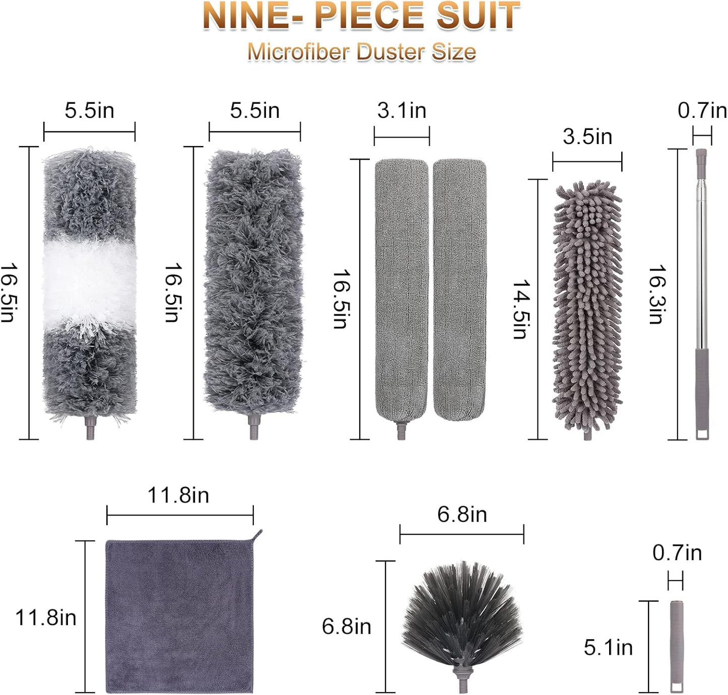 Microfiber Duster for Cleaning Fan, High Ceiling, Blinds, Furniture, Cars , 9PCS Extendable Feather Duster (Stainless Steel) 30 to 100 Inches, Reusable Bendable Washable