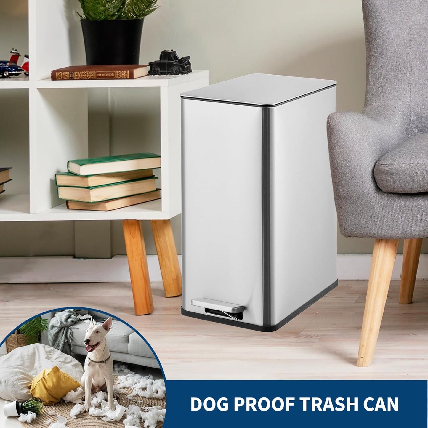 15 L Kitchen Step Trash Can, 4 Gallon Narrow Stainless Steel Waste Bin with Soft-Close Lid, Rectangle Rubbish Bin with Removable Inner Bucket for Bathroom, Dining Room, Living Room