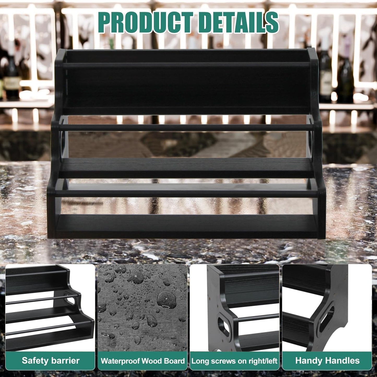 AT-VALY 3-Tier Spice Rack, Iron&MDF Kitchen Storage Shelf, Space-Saving Countertop Organizer for Spices, Herbs, Seasonings, Sturdy Stylish Condiment Holder,Countertop Wine Rack (Black Grain)