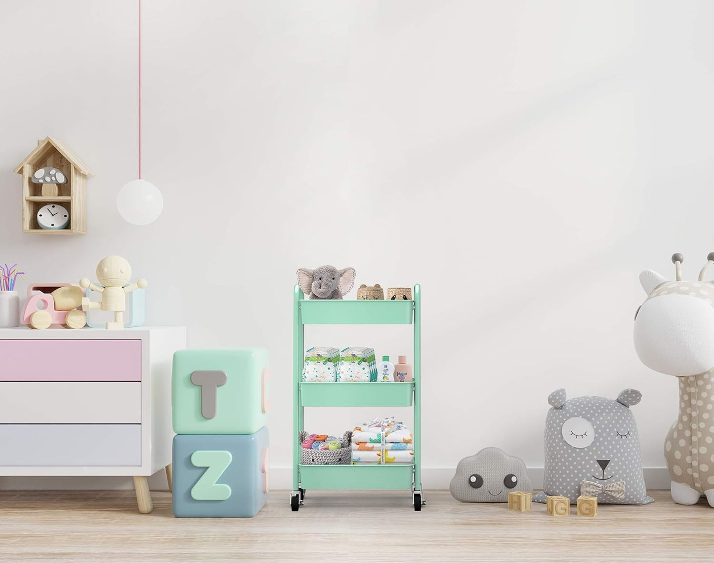 CAXXA 3-Tier Rolling Metal Storage Organizer - Mobile Utility Cart, Kitchen Cart with Caster Wheels (Aqua Green)