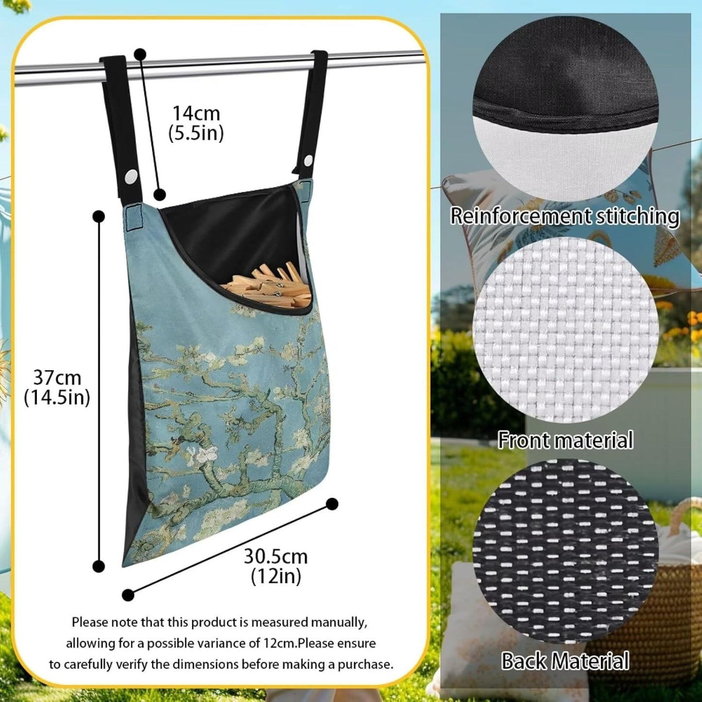 Almond Blossom Print Max Capacity Clothespin Storage Bag 14.5x12in - Generous Opening for Quick Loading - Sturdy Hanging Solution for Outdoor Clotheslines & Indoor Laundry Areas