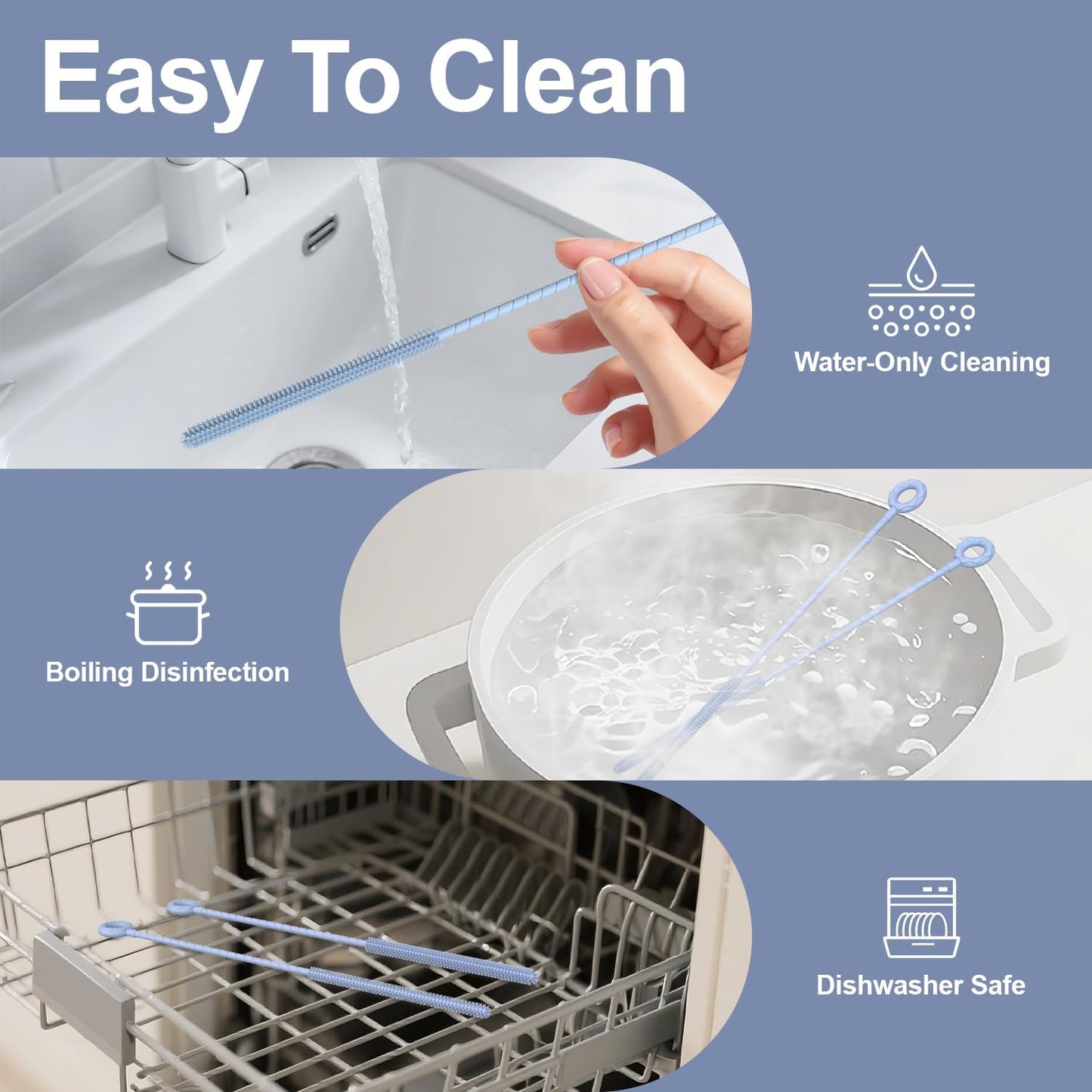 YOTIME Silicone Straw Cleaner Brush, 2 Pcs Reusable Straw Brush(6mm+9mm) for Cleaning Narrow & Wide Straws, Tumblers, Blue