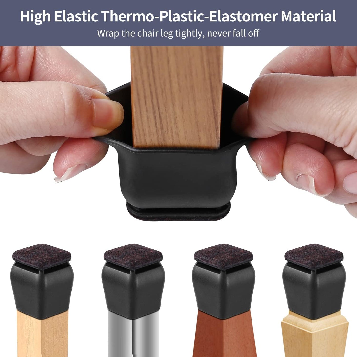 Ezprotekt 24 Pcs Square Silicone Chair Leg Floor Protectors for Wood Floors, Black Felt Furniture Pads Caps, Bar Stool Leg Floor Protectors Covers for Dining Table Chair (Fit 1.1"- 1.45")