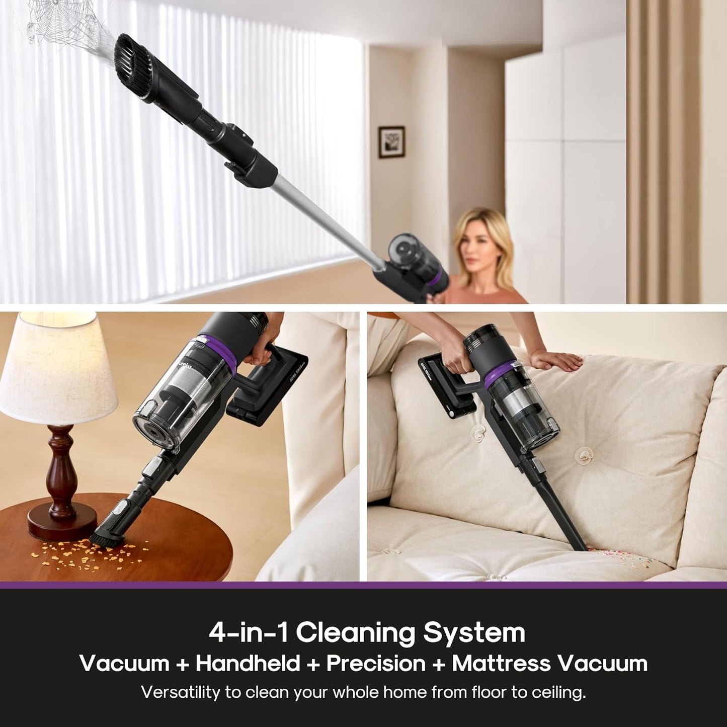 Eureka Cordless Vacuum Cleaner Lightweight, Stick Vacuum Rechargeable for Hardwood, Pet Hair, Black, ReactiClean 410