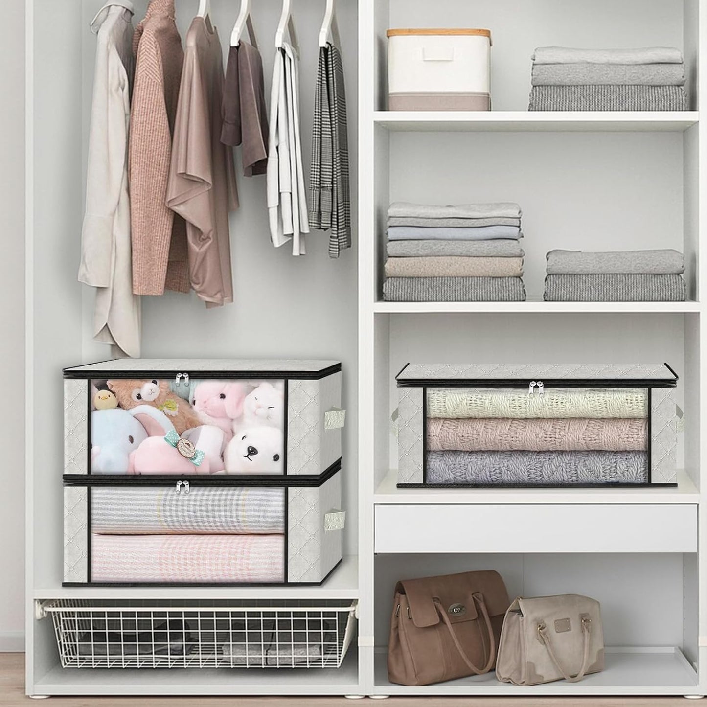 HomeHacks Storage 6-Pack Clothes Organizer Storage Bags Foldable Storage Box with Large Clear Window Sturdy Handles for Closet, Dorm, Pillows, Bedding, Clothes, Blankets, 35L, Ivory