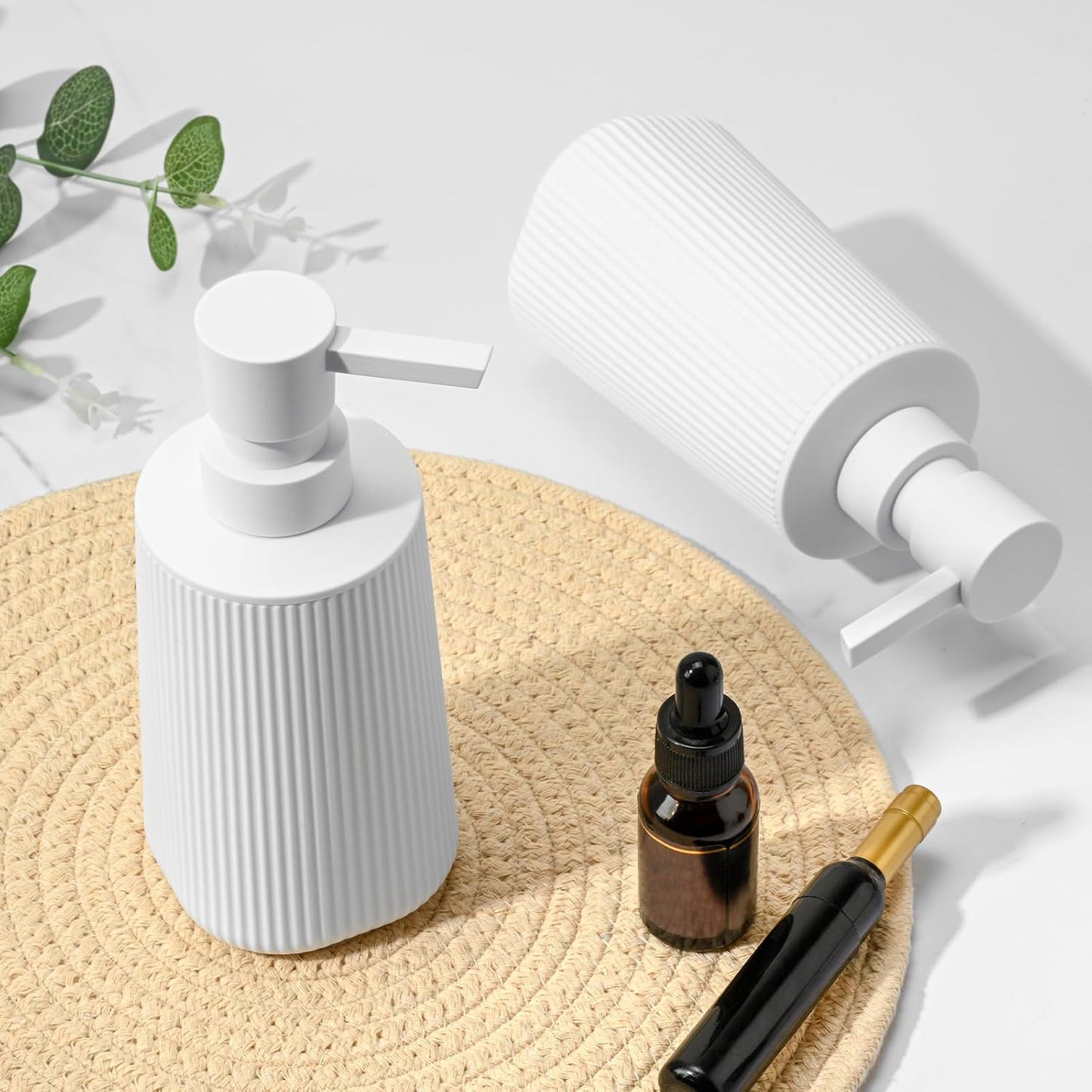 White 2 Pack Hand Soap Dispensers with No Rust Pump for Bathroom and Kitchen Countertops Refillable Striped Matte Plastic 8.5 oz