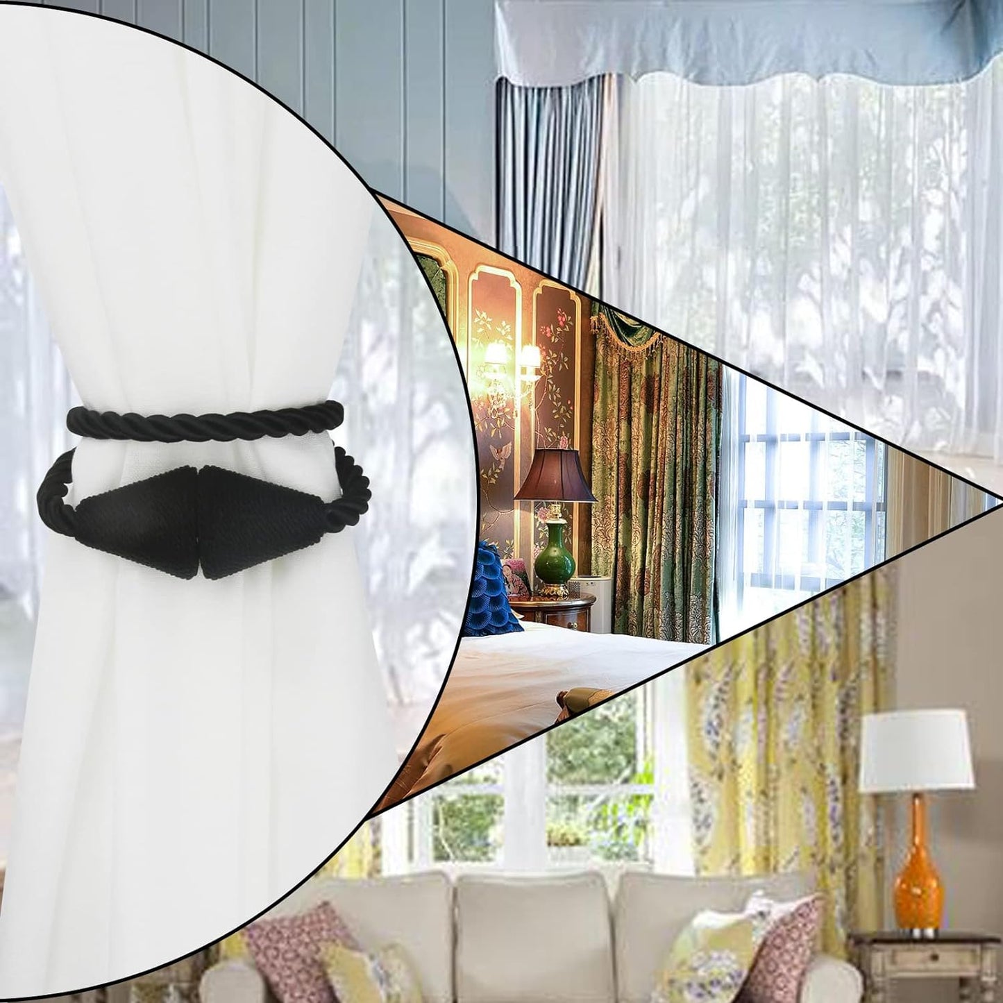 6 Pack Magnetic Curtain Tiebacks Rope Modern Handmade Curtain Tie Backs Decorative Drapes Weave Holdbacks for Window Décor, Black