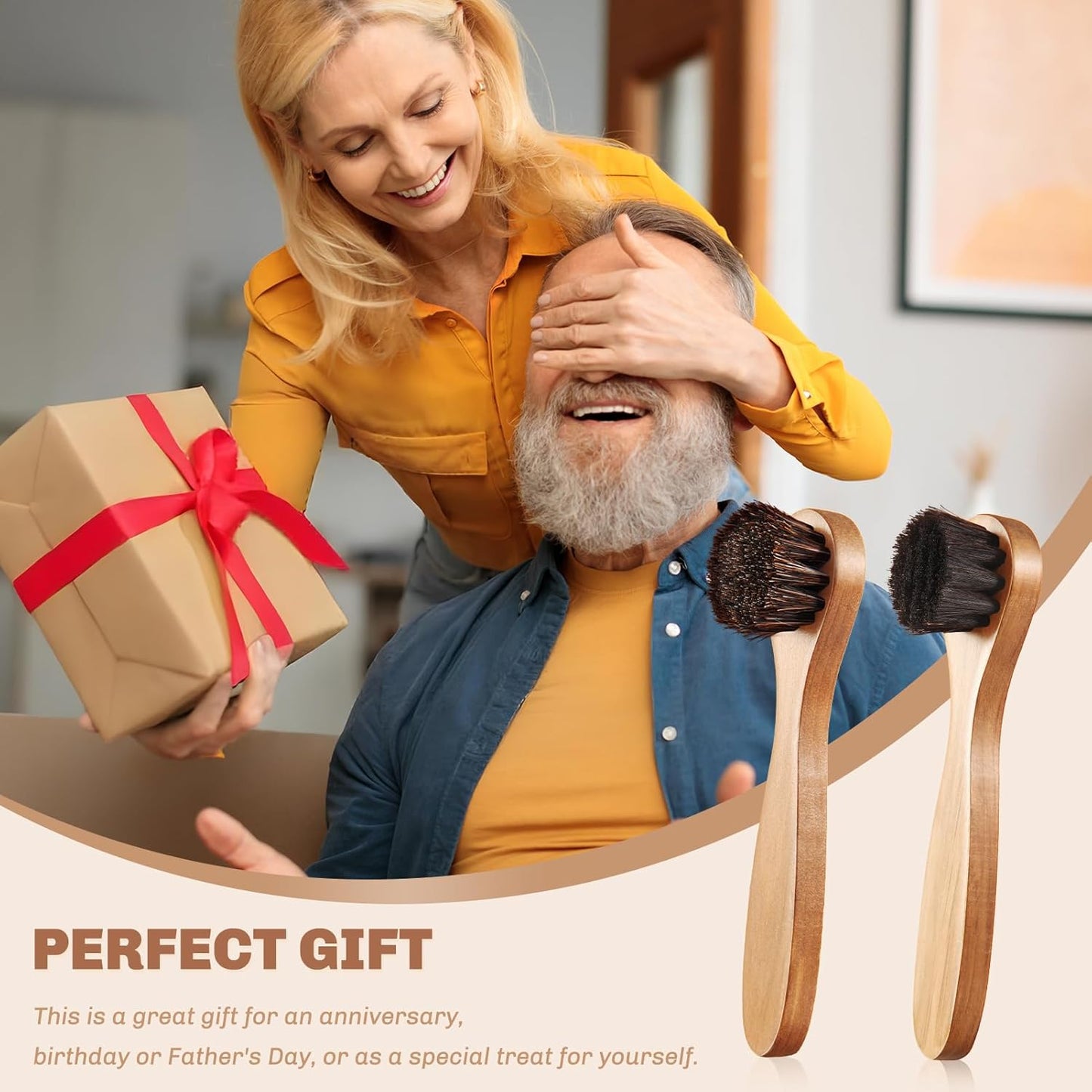 2 Pcs Horsehair Shine Shoes Brush Kit Polish Dauber Applicators Cleaning Leather Shoes Boots Care Brushes Suede Cleaner Brush(Wooden Long Handle)