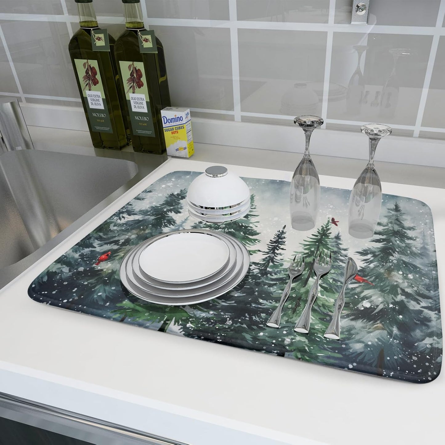 Christmas Tree Dish Drying Mat for Kitchen Counter Winter Pine Tree Dish Drying Mat 18x24 Inch Red Bird Christmas Dish Draining Mat Absorbent Reversible Dish Pad Kitchen Accessories Table Protector