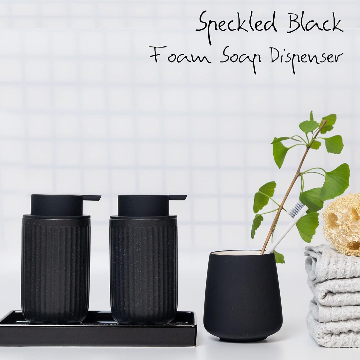 Black Ceramic Foaming Soap Dispenser, Speckled Rippled 12 oz Bottle with Black Silicone Pump, Foam Dispenser for Kitchen or Bathroom, Speckled Black