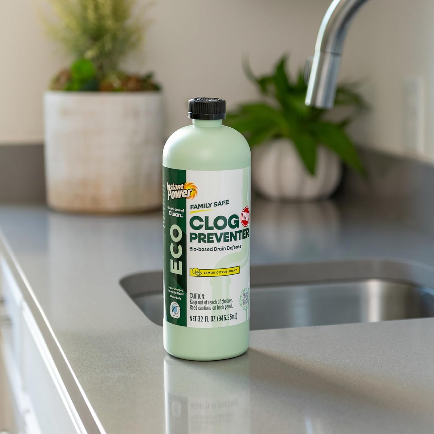 Instant Power Eco Clog Preventer - Enzyme Drain Cleaner Liquid and Deodorizer for Sink, Shower, Toilet, Garbage Disposal Cleaner, Bio-Based Drain Defense, Smell Remover and Odor Eliminator - 32 fl oz