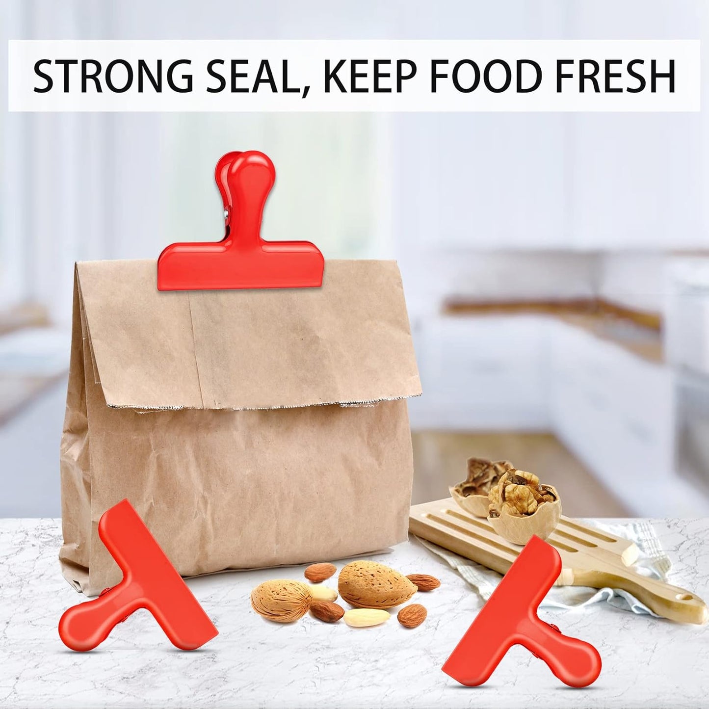 Bag Clips Heavy Duty Stainless Steel Chip Clips, Food Bags Clamp Great for Kitchen Office to Seal Coffee Bags, Paper Sheets - Pack of 8(Red)