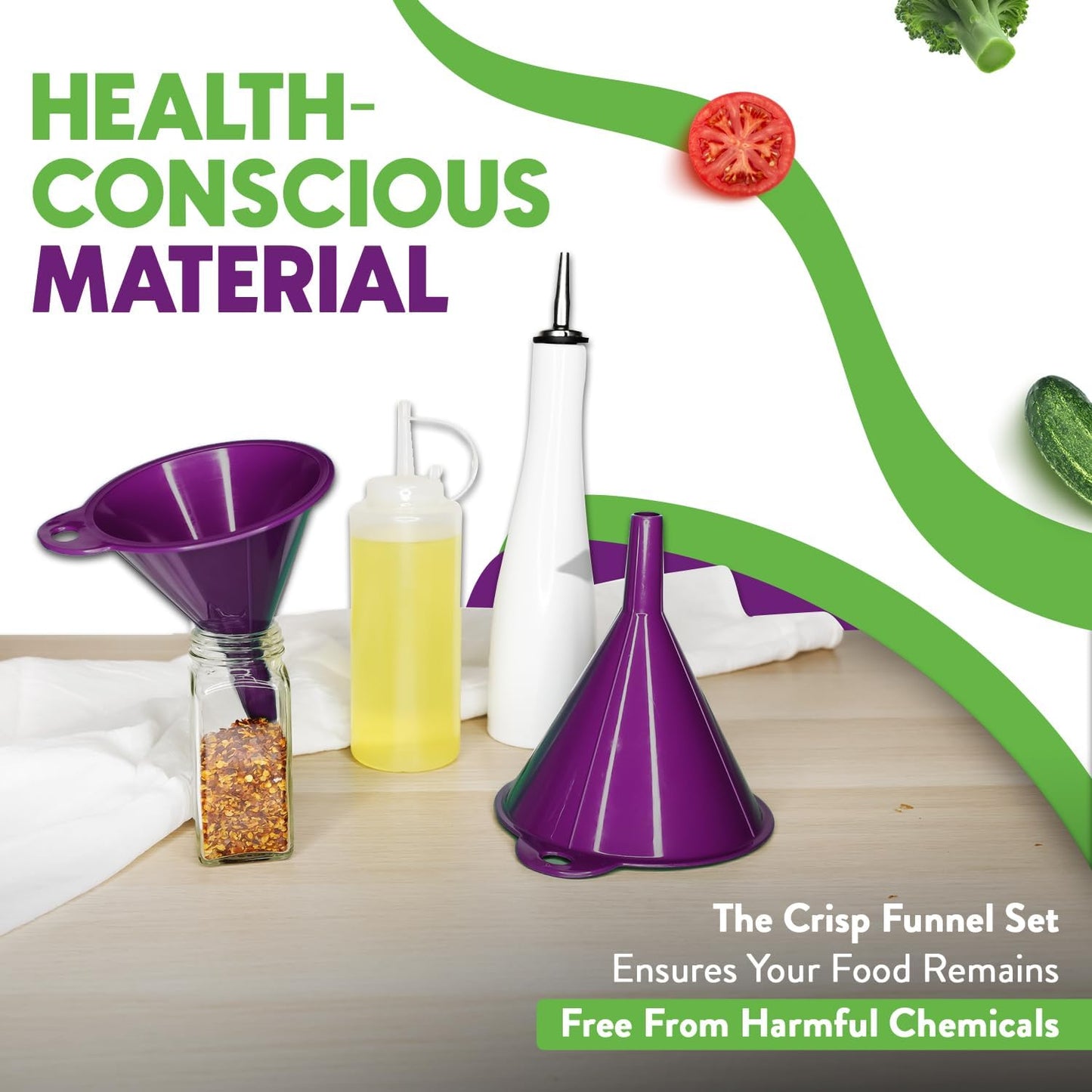 Crisp 2-Piece Funnel Set - All Purpose Funnels for Kitchen Use Filling Bottles - Durable & Dishwasher Safe Kitchen Funnel Set - Made in The USA - Purple