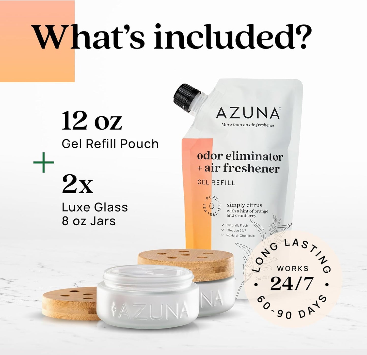 Azuna Air Freshener & Odor Eliminator for Strong Odor | 2 Room Kit Includes (2) Empty Luxe Glass Jar & 12oz Gel Refill with Tea Tree Essential Oil | Simply Citrus | Last 60-90 Days