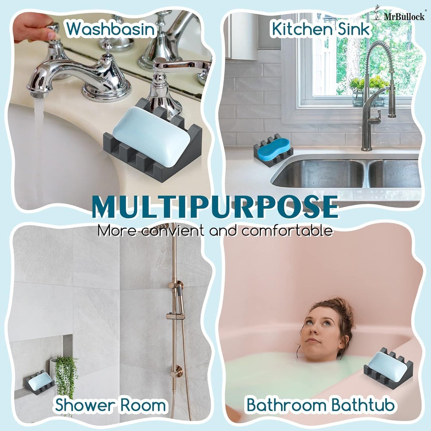 Silicone Soap Dish for Bar Soap Holder for Shower Bathroom Self Draining Waterfall Drying Tray Keep Soap Bars Dry Clean & Easy Cleaning (Gray, 2)