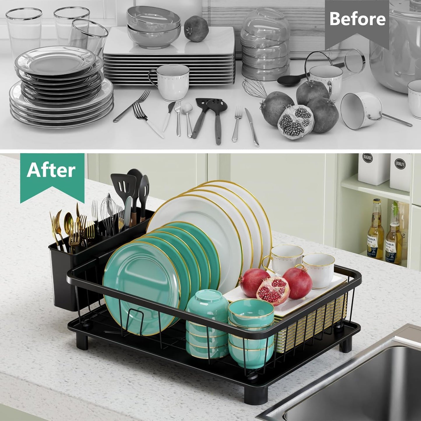 Dish Drying Rack - Space-Saving Dish Rack,Dish Racks for Kitchen Counter with Drainboard, Rustproof Dish Drainer with a Removable 4-Compartment Utensil Holder,Black
