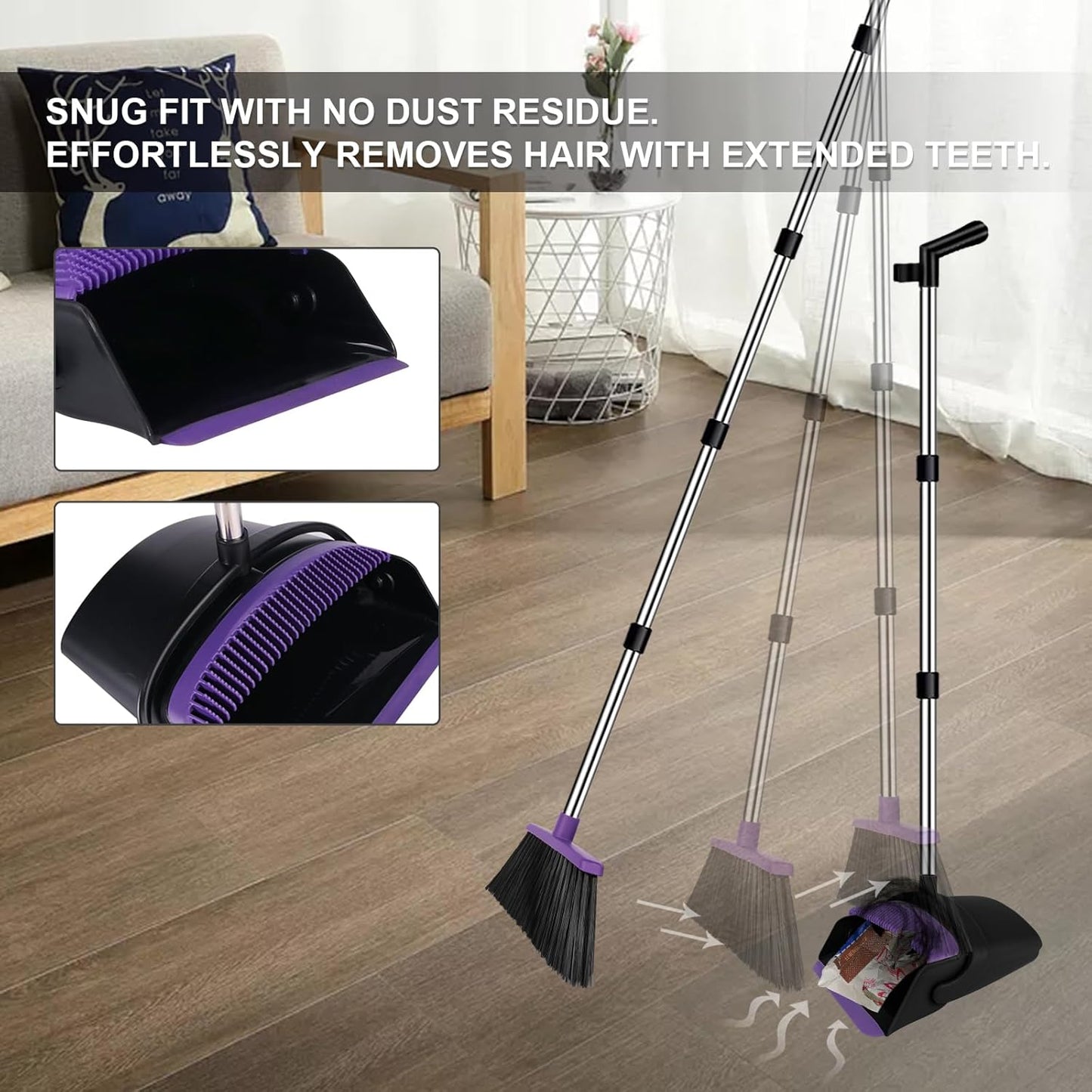 Broom with Dustpan Combo Set, 51" Household Dustpans and Broom, Standing Dust Pan Set for Home, Purple Cleaning Set for Kitchen Lobby Indoor Outdoor