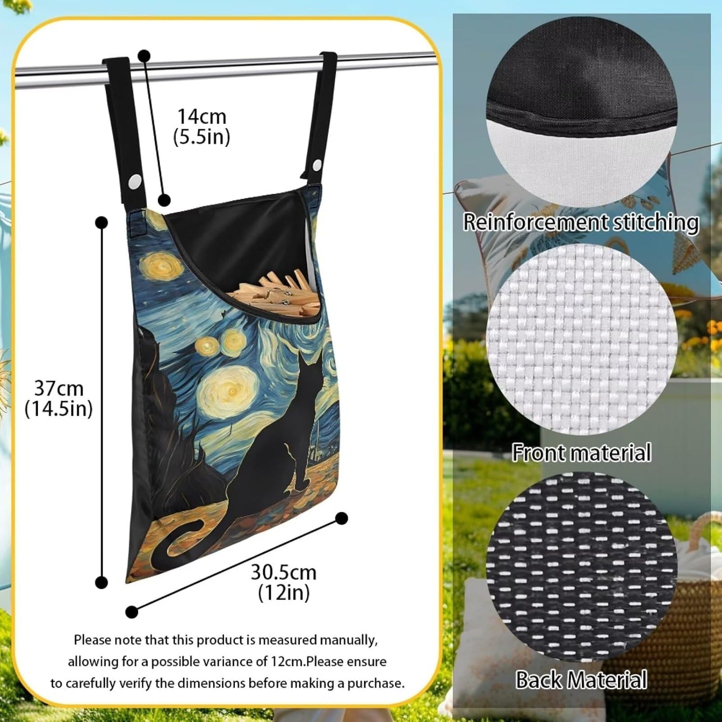 Button Fastening Clothespin Holder 14.5"x12" - Large Access Opening with Durable Binding - Professional Grade Hanging Organizer for Daily Laundry Needs Starry Night Kitten Print