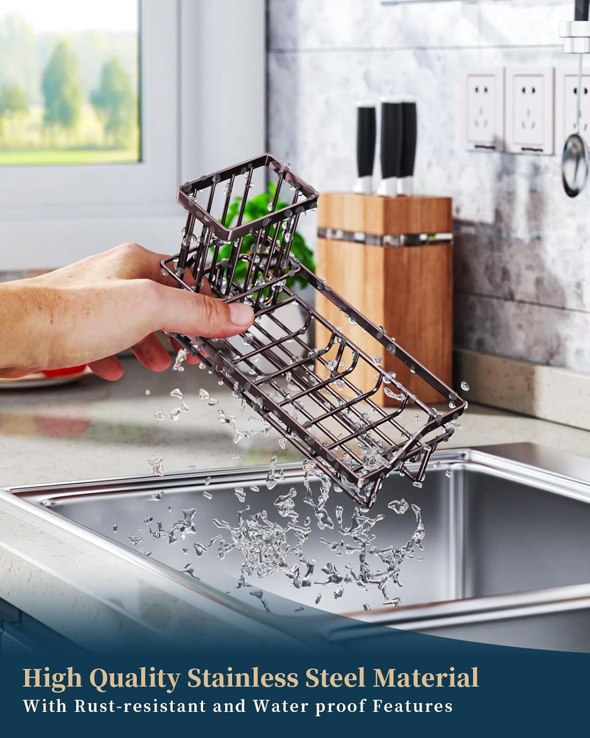 Consumest Sink Caddy Kitchen Organizer, Sponge Holder for Kitchen Sink with Removable Drip Tray for Countertop Dish Soap Holder Dispenser Brush Holder, 304 Stainless Steel - Bronze