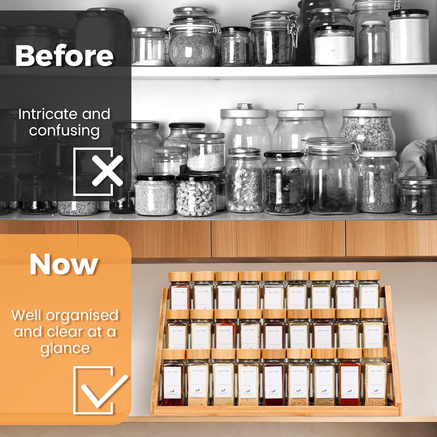 Bamboo Tiered Spice Rack, for Countertop Spice Organizer for Pantry Spice Shelf Organizer Kitchen Spices Rack,Cabinet spice rack,Cabinet seasoning rack