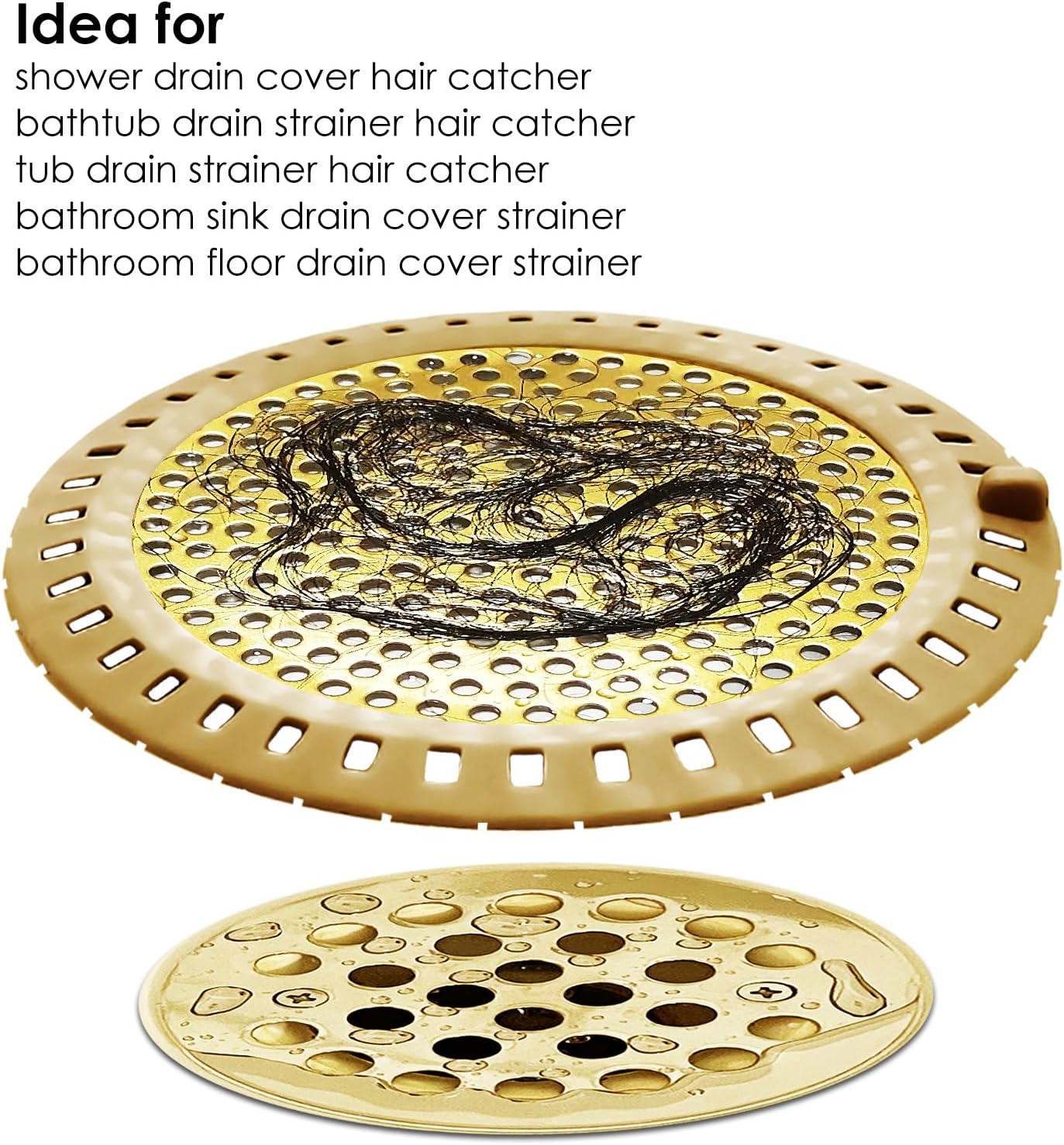 2PCS Hair Catcher Shower Drain/Strainer/Cover/Filter/Trap, Bathtub Drain Cover Hair Catcher, Hair Stopper for Bathroom Sink/Floor Drain, Stainless Steel and Silicone Drain Strainer, Gold