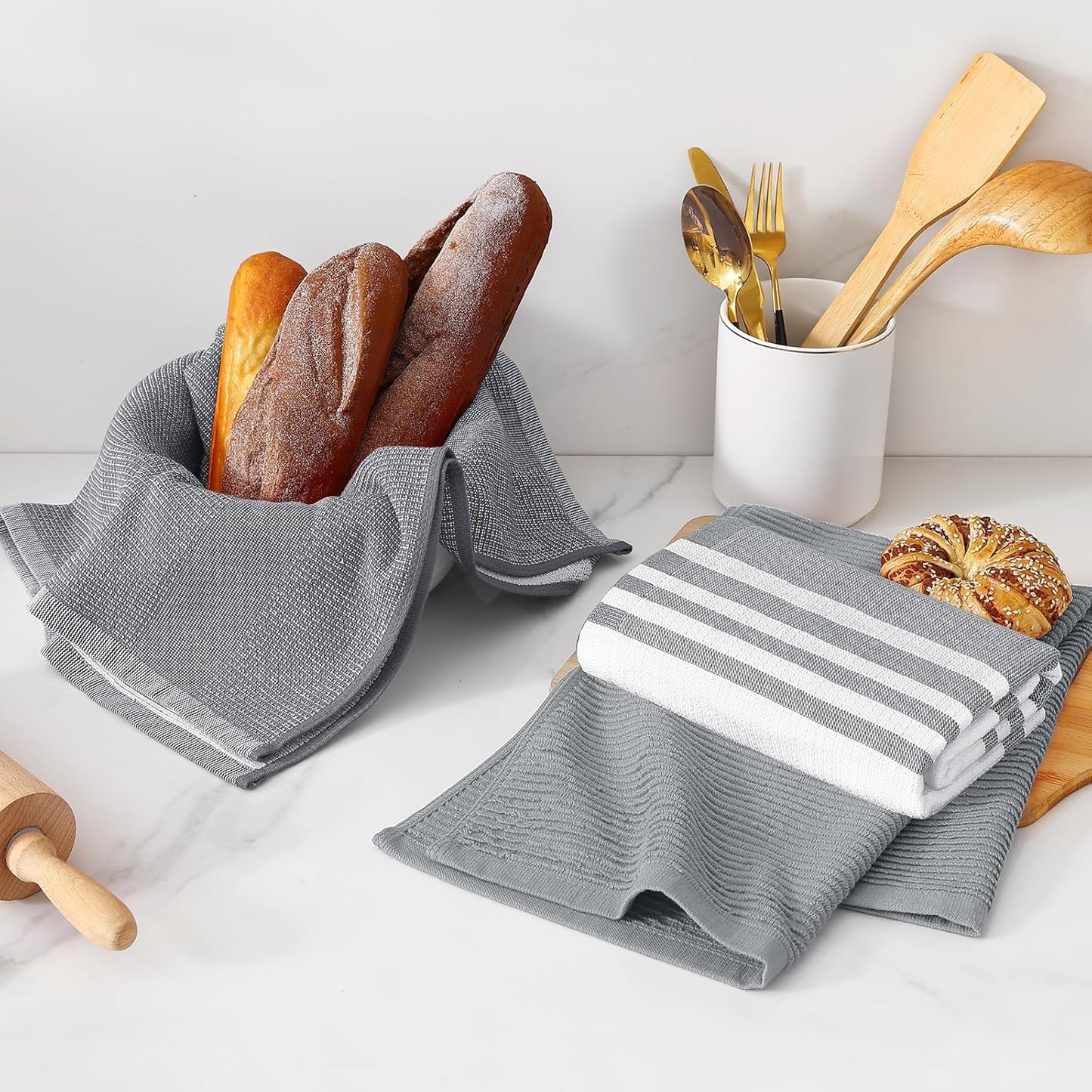 Homaxy Premium Kitchen Towels(18”x 28”, 6 Pack), Large Cotton 380 GSM Kitchen Hand Towels, Soft and Absorbent Terry Dish Towels, Multipurpose Tea Towel Set with Hanging Loop, Grey