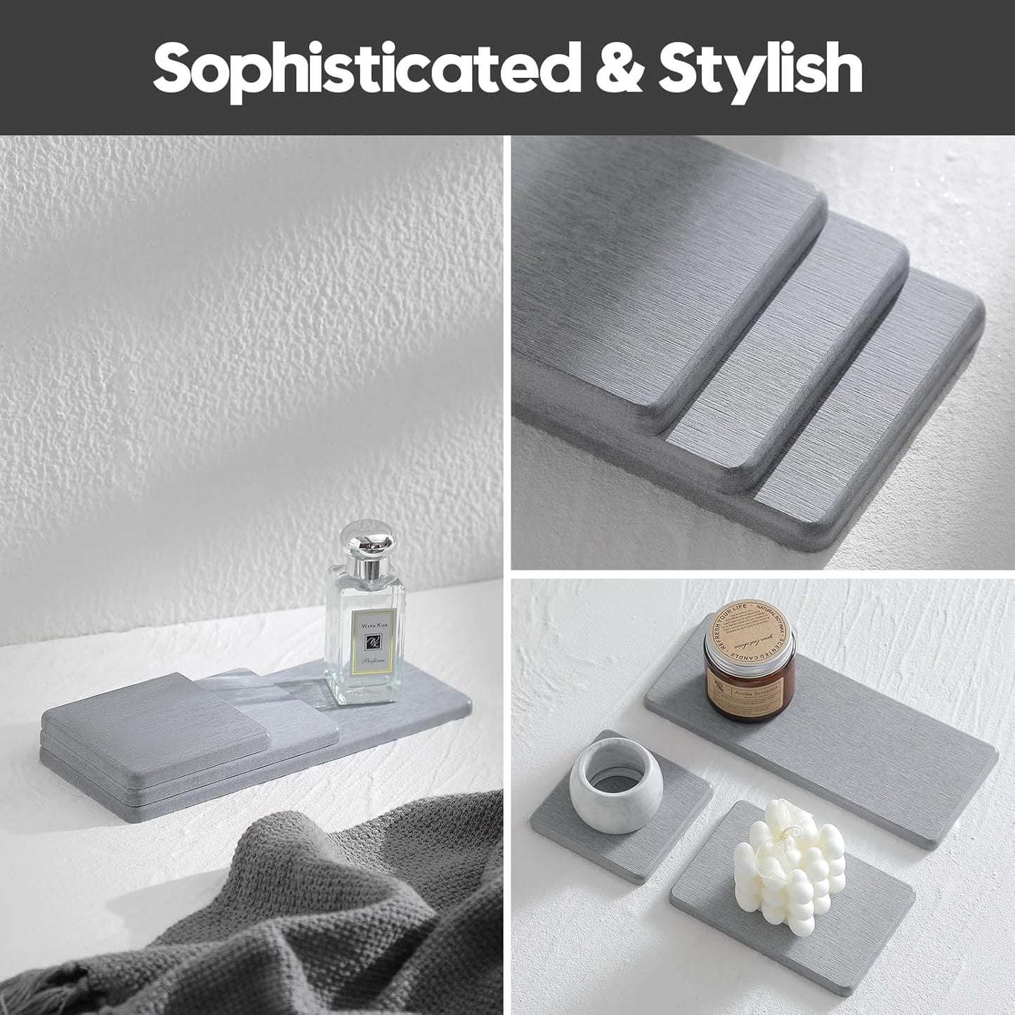 3PCS Bathroom Sink Vanity Trays, Quick Stone Drying Mat Dish Soap Dispenser Sponge Holder for Kitchen Counter, Diatomaceous Earth Water Absorbing Caddy Organizer, Light Grey