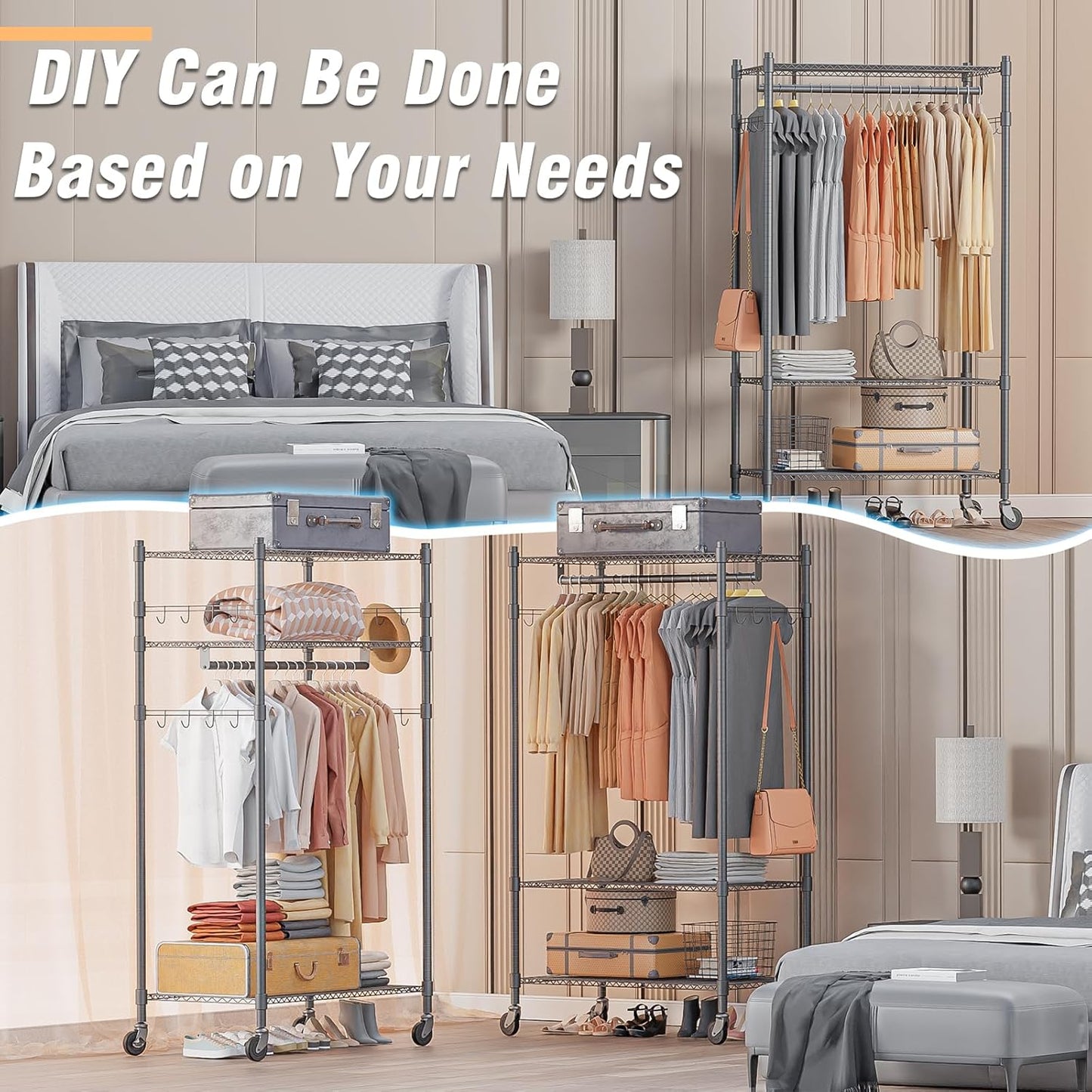 Homdox Garment Rack Heavy Duty, 3 Tier Rolling Clothing Racks for Hanging Clothes, Metal Wardrobe Closet, Free-Standing Clothes Organizer Rack with Double Rods & Side hooks, Gray