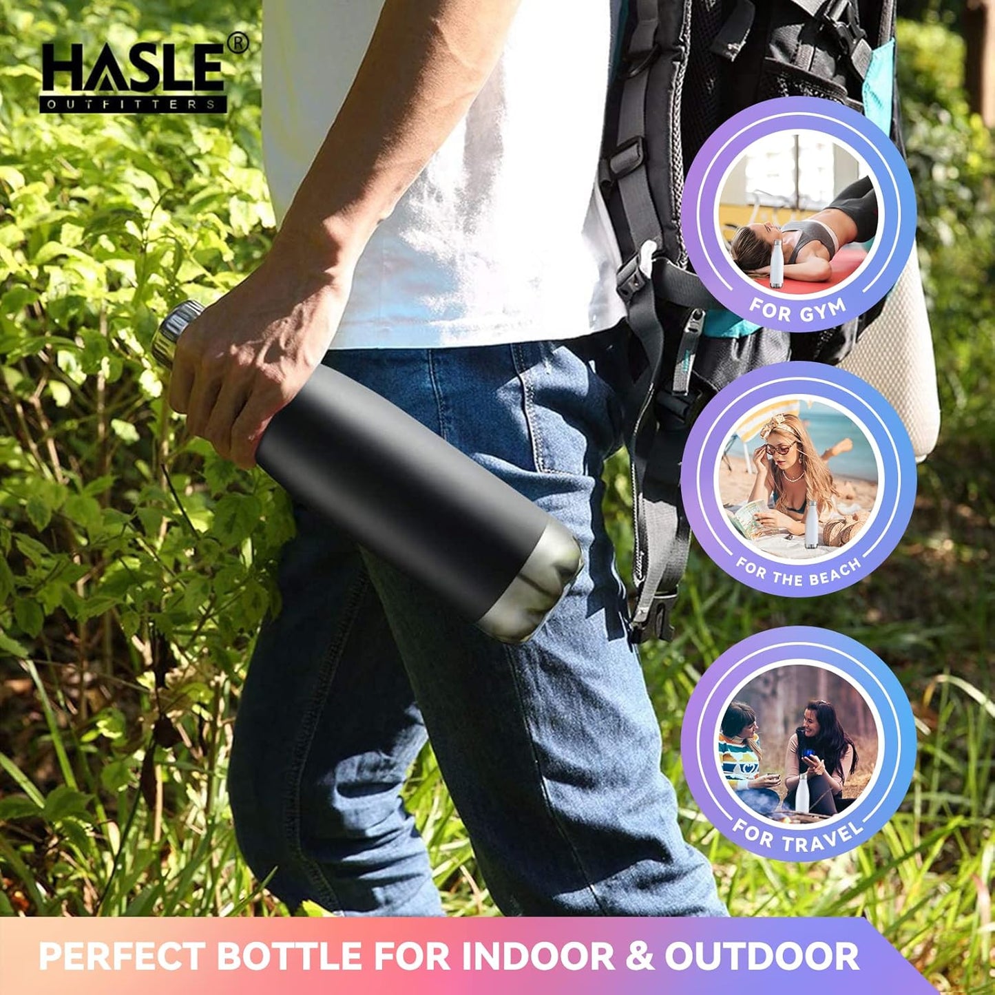 HASLE OUTFITTERS 17oz Stainless Steel Water Bottles Bulk, Vacuum Insulated Water Bottles Double Walled Reusable Metal Sports Water Bottles Keep Drinks Hot and Cold, Black, 4Packs