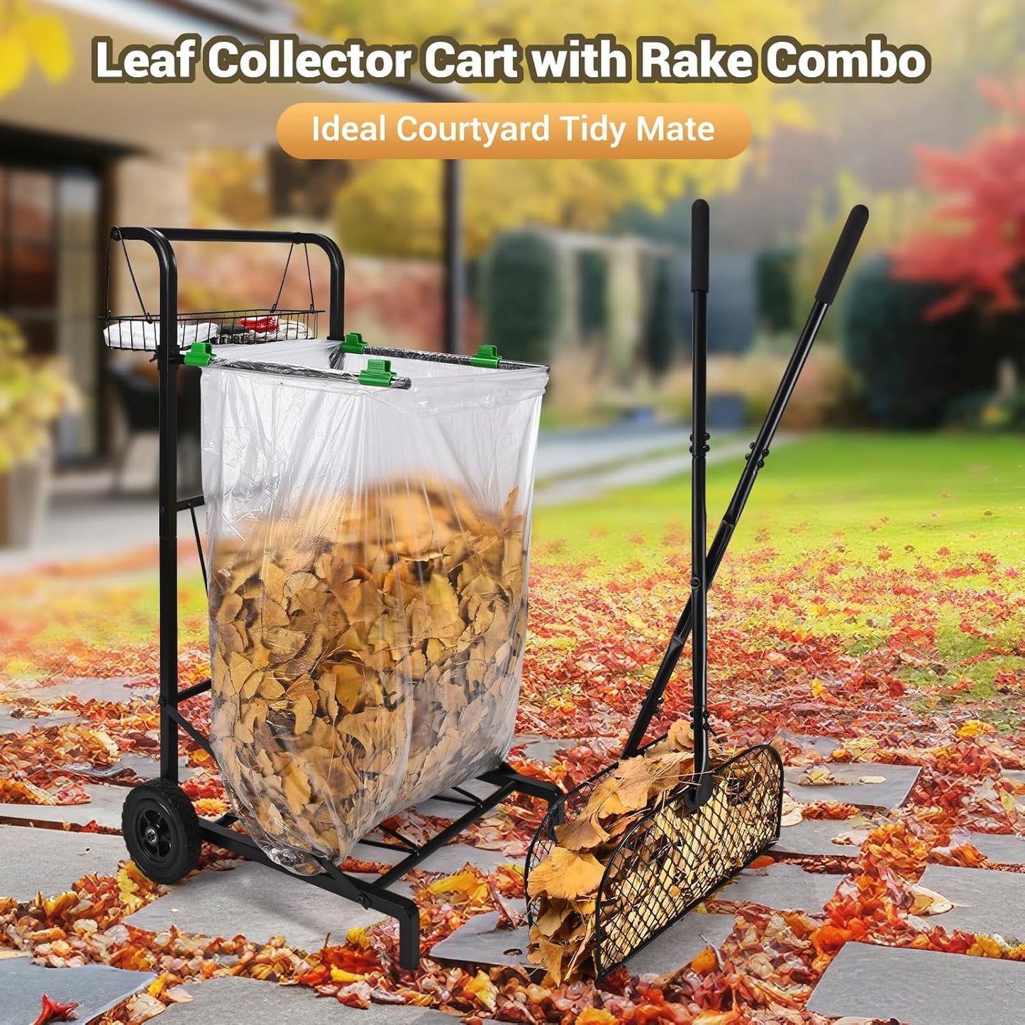 CAROD Mobile Trash Bag Holder with Storage Basket and Ergonomic Handle, Convenient Leaf Bag Cart with Leaves Grabber Rake Combo, Suitable for Leaves, Weeding, Camping, Party