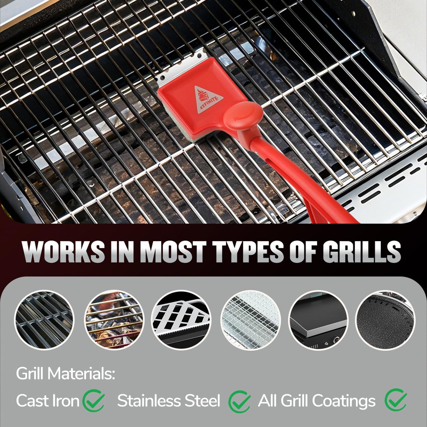 Grill Brush Cleaner for Outdoor, EEFINITE BBQ Steam Cleaning Grill Brushes with Replacement Scrub Sponge + Superior Scraper, Safe Bristles Free Barbecue Scrubbers Brush for Gas Charcoal Grates, Red