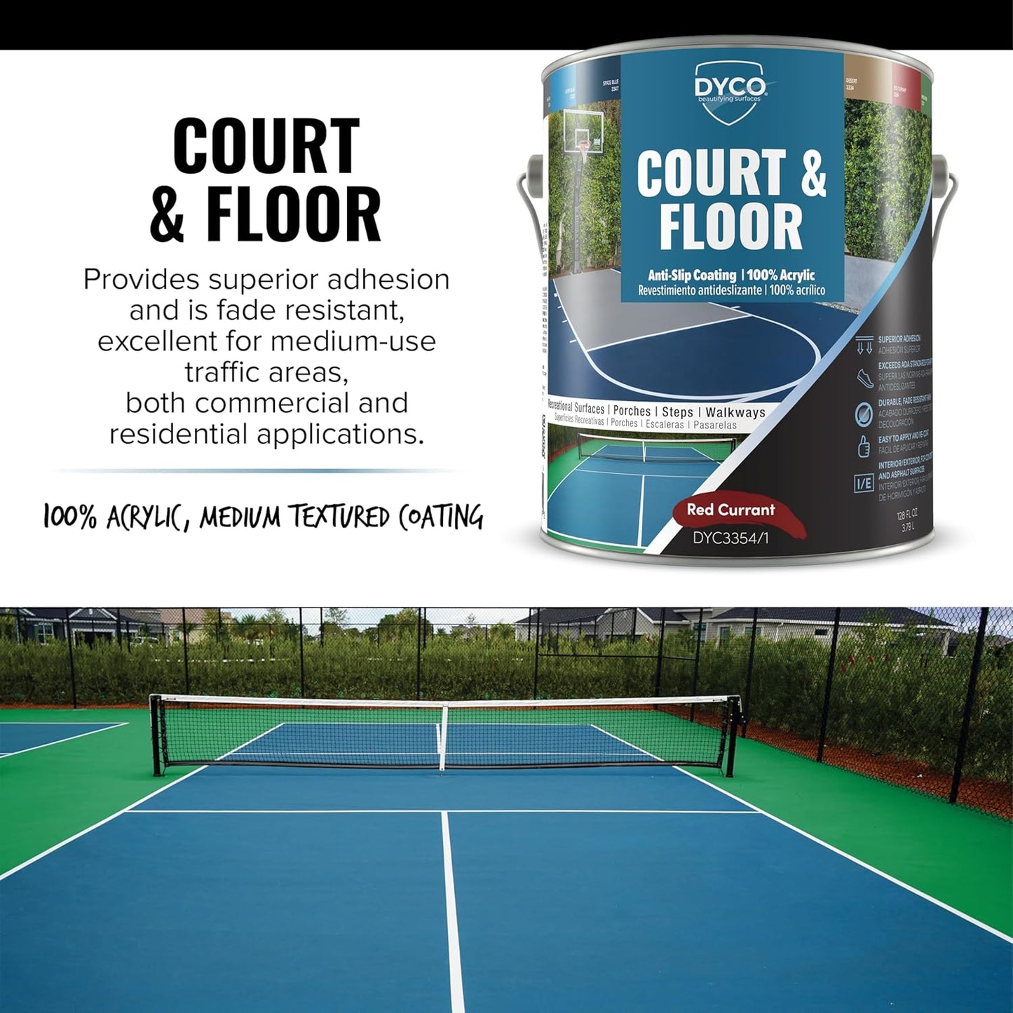 DYCO Court & Floor Anti-Slip Coating - Slip-Resistant Pavement, Cement & Concrete Paint for Pickleball, Tennis & Basketball Courts, Exceeds ADA Standards for Safety Areas (Red Currant, 1 Gallon)