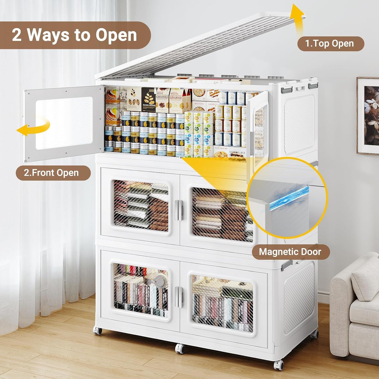 BROVIEW 900 Qt Stackable Storage Bin with Lid, 225Gal Extra Large Collapsible Storage Boxes, Folding Plastic Drawer, Heavy-Duty Store Cabinet, Closet Organizer for Home Kitchen, 3 Pack White