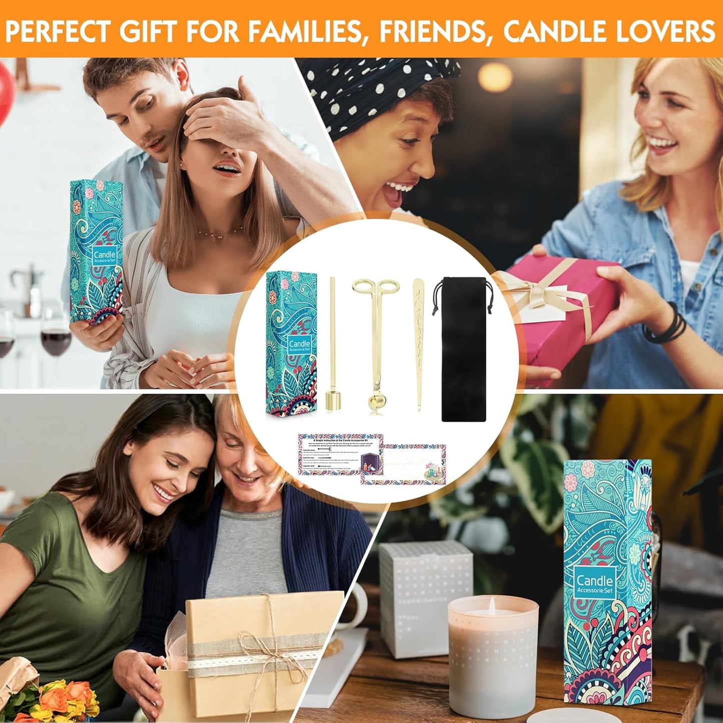 4 in 1 Candle Accessories Kit, Wick Trimmer, Candle Snuffer and Wick Trimmer, Candle Snuffer, Candle Wick Dipper with Velvet Pouch, Direction Card- Gift Package for Candle Lovers (Gold)