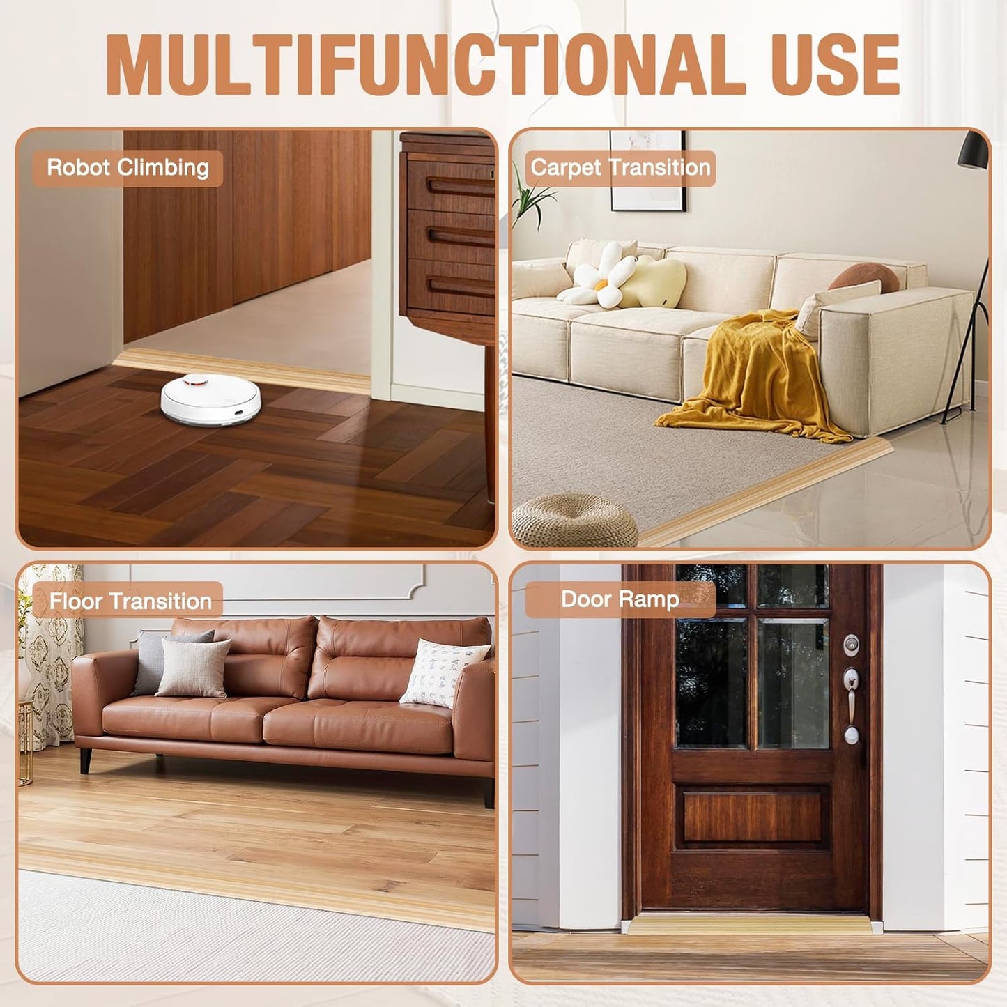 Floor Transition Strip Self Adhesive Vinyl Door Threshold for Doorways Carpet Edging Trim Overlap Edge Reducer for Laminate Floor, Carpet, Tile (Light Yellow Wood Grain, 1/5" to 2/5", 3.3Ft)