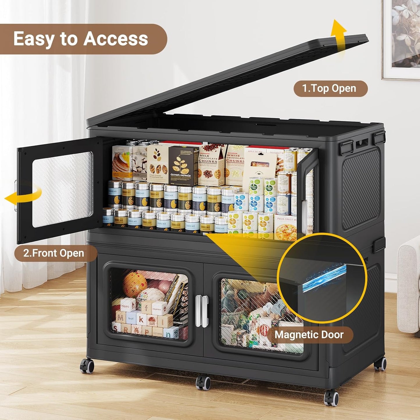 BROVIEW 900 Qt Stackable Storage Bin with Lid, 225Gal Extra Large Collapsible Storage Boxes, Folding Plastic Drawer, Heavy-Duty Store Cabinet, Closet Organizer for Home Kitchen, 3 Pack Black