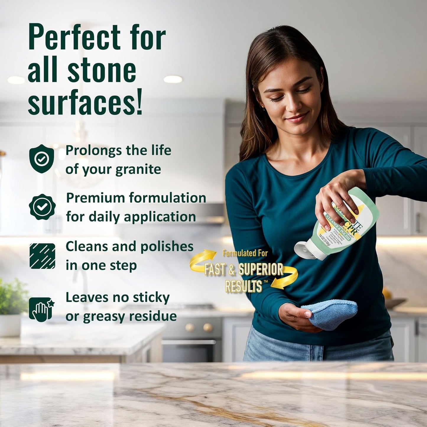 Granite CPR Cleaner & Polish Can Be Used Daily On Granite, Marble, Quartz & Corian. Leaves A Gorgeous Streak-Free Shine & Silky Smooth Finish. Cleans & Polishes All Stone Countertops In One Easy Step.